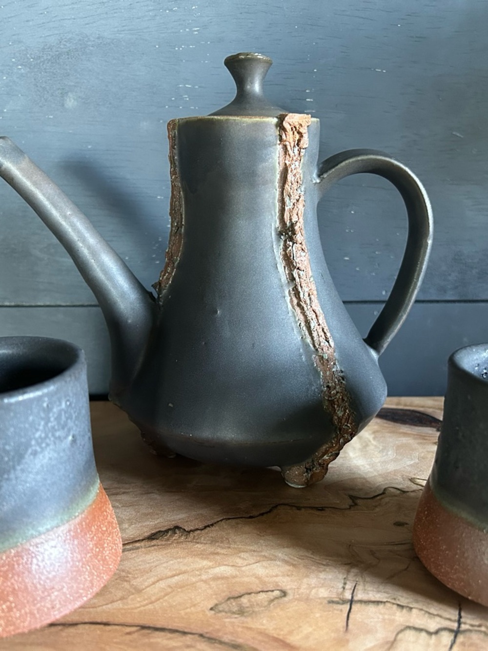 Artisan Matte Black Ceramic Teapot with Bark-Texture Accent